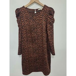 LOFT Womens Leopard Print Puff Shoulder Long Sleeve Knit Shift Dress Brown Sze M